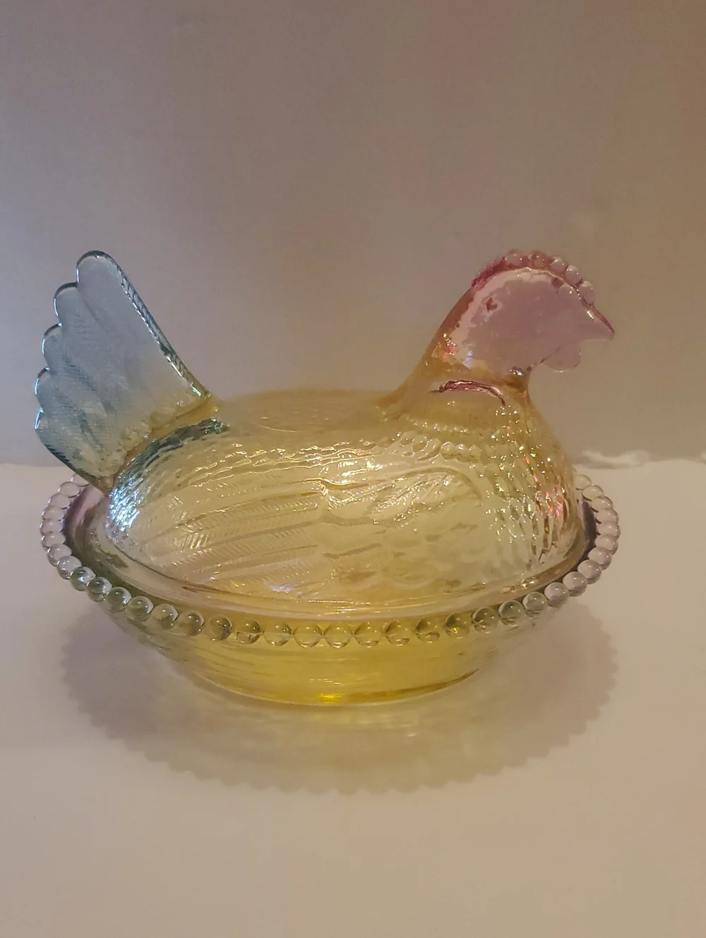 Iridescent Rainbow Glass Hen On Nest Dish (Lg)